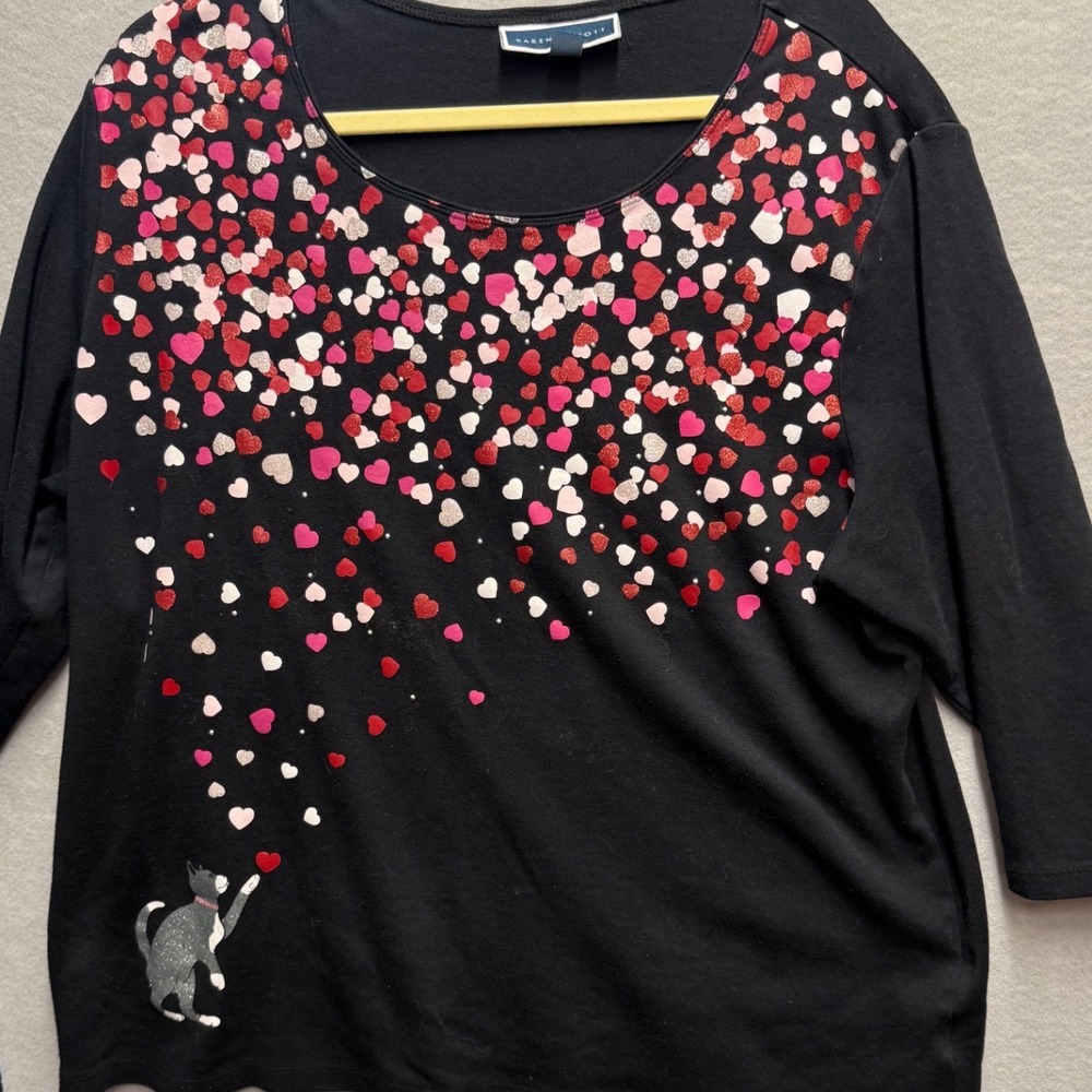 Karen Scott Heart Cat Top Women 2X Black 3/4 Sleeve Graphic